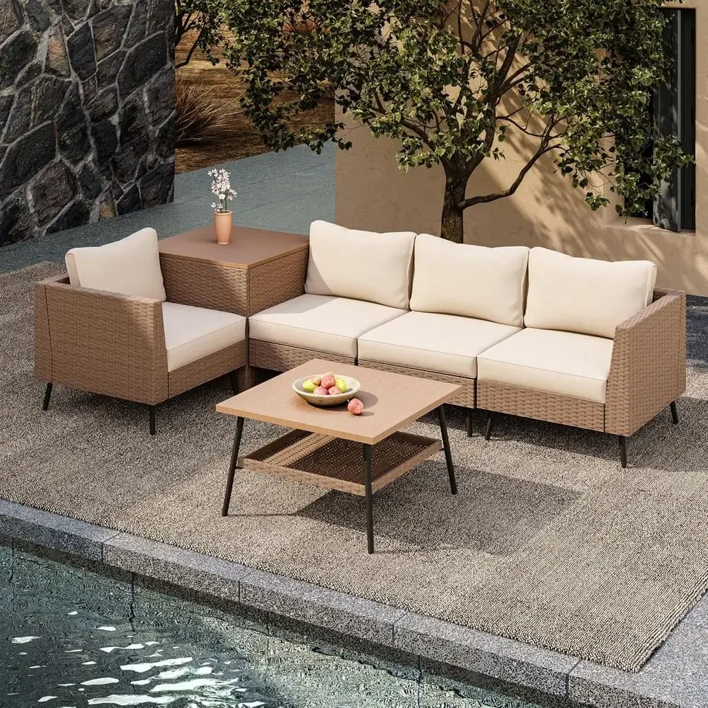 Outdoor Furniture With Storage For Cushions - 6-delige tuinmeubelset, rotan modulaire tuinset met