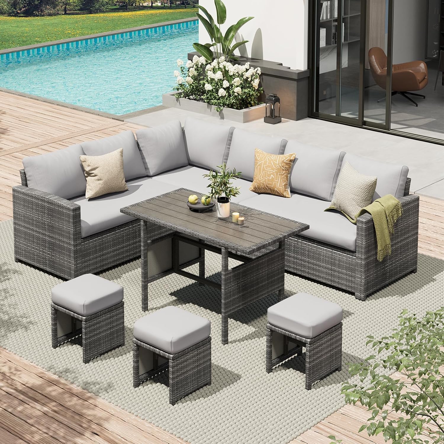 Outdoor Furniture Grey - 7-delige outdoor wicker patio zithoekset met