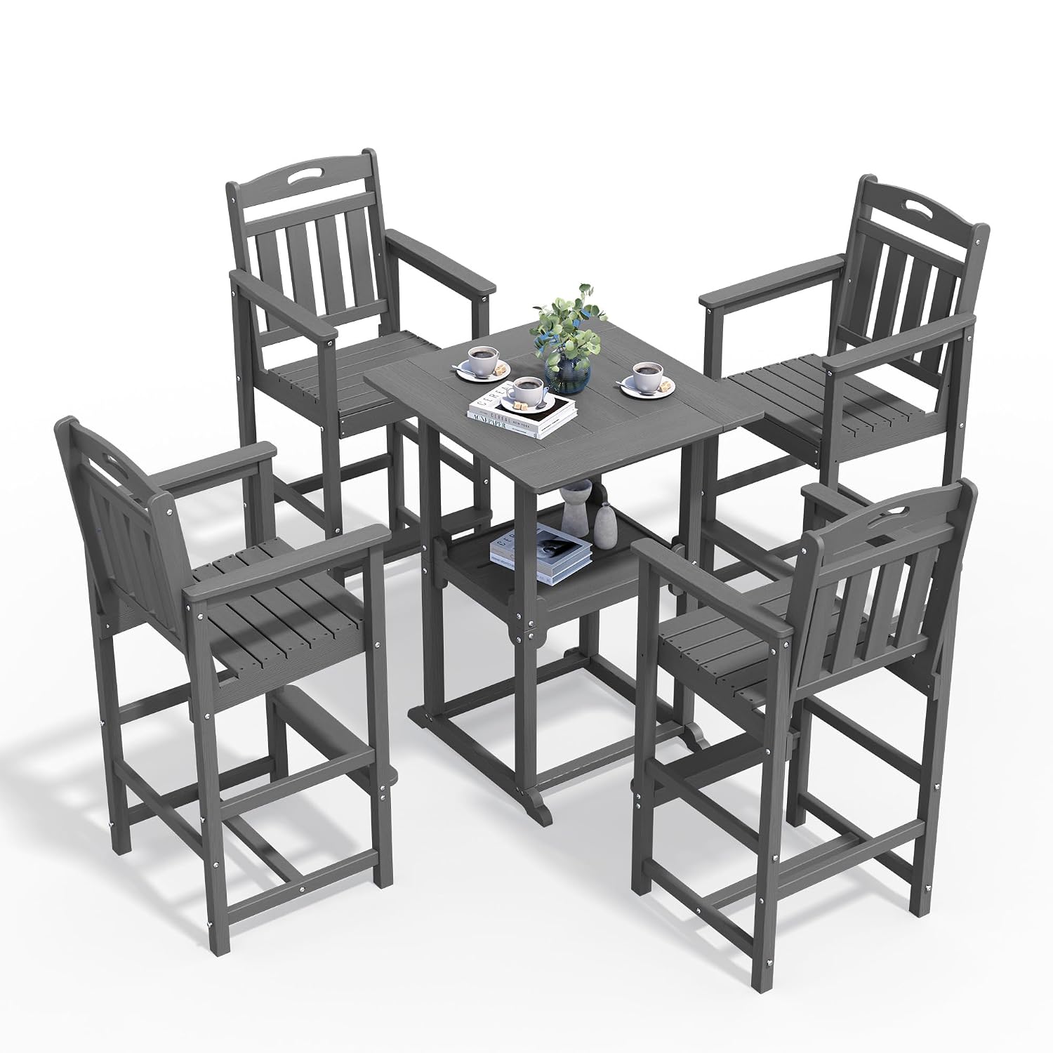 Outdoor Furniture Grey - Buitenbartafelset met opbergruimte & 4 Adirondack-stoelen,