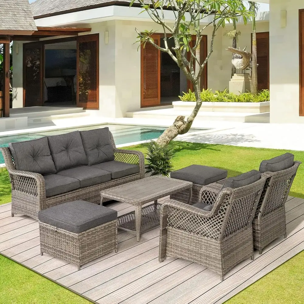 Outdoor Furniture Grey - 6-delige grijze wicker tuinmeubelset met hoekbank,