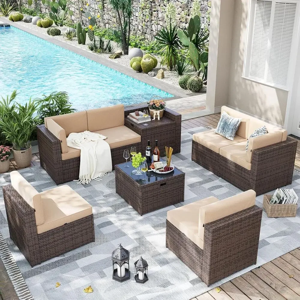8-delige rieten tuinmeubelset  - Outdoor Furniture With Storage For Cushions recensie en prijs